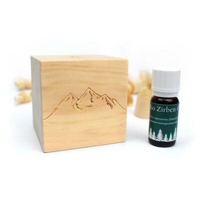 Set cubo di pino cembro delle Alpi | Cubetti di pino cembro con motivo e struttura gocciolante + Olio di pino cembro BIOLOGICO (10 ml)