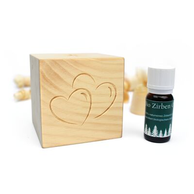 Set cubo cuore pino cembro | Cubetti di pino cembro con motivo e struttura gocciolante + Olio di pino cembro BIOLOGICO (10 ml)