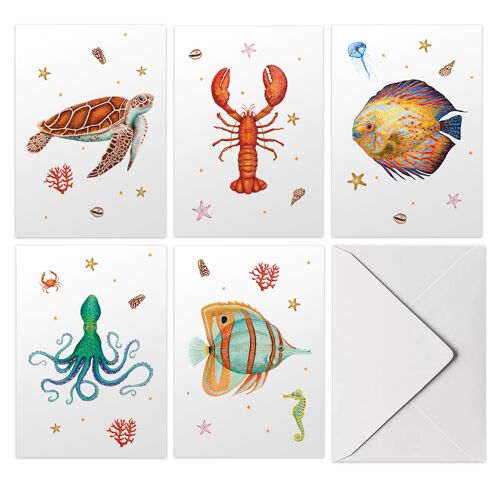 10 greeting cards sea animals with envelope
