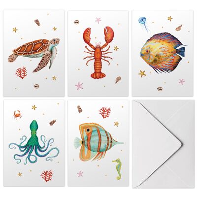 10 cartes de voeux animaux marins avec enveloppe