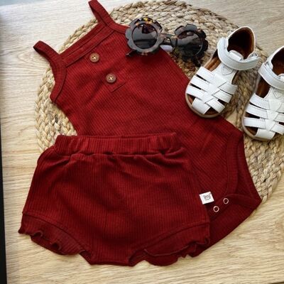 BRICK RED ribbed cotton bodysuit and bloomers set.