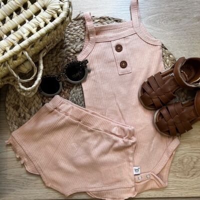 SALMON ribbed cotton bodysuit and bloomers set