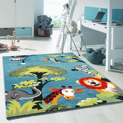 Tapis enfant 100x100 carre cm carré kids safari bleu chambre adapté au chauffage par le sol