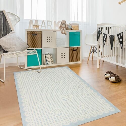 Tapis enfant 100x160 cm rectangulaire marie line bleu chambre adapté au chauffage par le sol