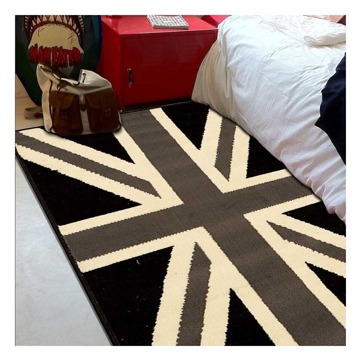 Children's rug 60x110 cm rectangular bc union jack black and withe gray bedroom suitable for underfloor heating