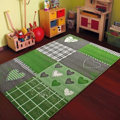 Tapis enfant 80x150 cm rectangulaire bambino coeur vert chambre adapté au chauffage par le sol