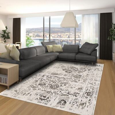 Tapis orient style 120x170 cm rectangulaire oriental destructure 7 crème salon adapté au chauffage par le sol