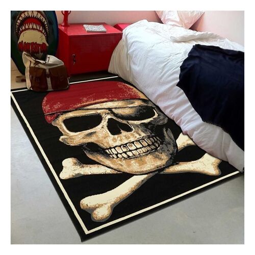 Tapis enfant 80x150 cm rectangulaire bc pirate skull noir chambre adapté au chauffage par le sol