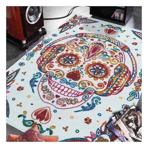 Tapis enfant 80x150 cm rectangulaire skull head crème chambre adapté au chauffage par le sol