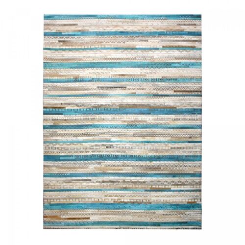 Tapis kilim 80x150cm ZAIRA Bleu. Tapis artisanal en Peau de bête