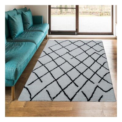 Long pile shaggy rug 120x170 cm rectangular smooth criss cross gray hand tufted living room suitable for underfloor heating