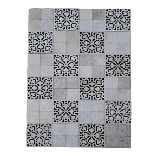 Tapis kilim 80x150cm CARREAU DE CIMENT CUIR Noir. Tapis artisanal en Peau de bête