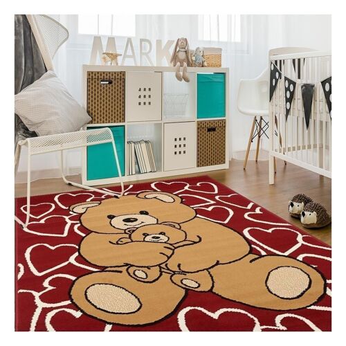 Tapis enfant 60x110 cm rectangulaire bc teddy coeur rouge chambre adapté au chauffage par le sol