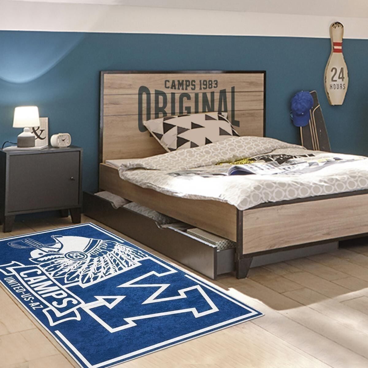 Children's rug 120x160 cm rectangular indian camps blue bedroom suitable for underfloor heating