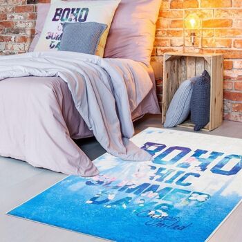 Tapis enfant 120x160 cm rectangulaire boho camps bleu chambre adapté au chauffage par le sol 1