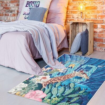 Children's rug 60x90 cm rectangular jungle camps blue bedroom suitable for underfloor heating