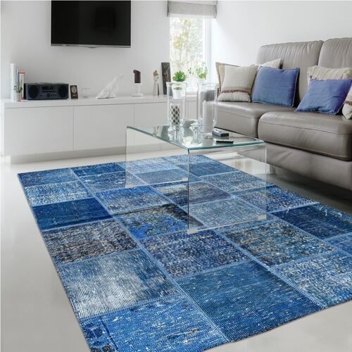 Tapis de salon 80x150 cm rectangulaire class patchwork 1a2t bleu chambre noué main