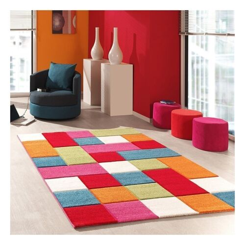 Tapis enfant 160x230 cm rectangulaire kids carreaux multicolore chambre adapté au chauffage par le sol