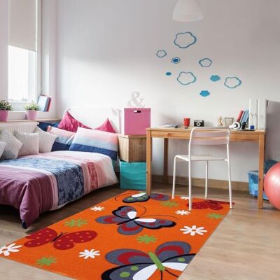 Children's rug 80x150 cm rectangular kids butterflies orange bedroom suitable for underfloor heating