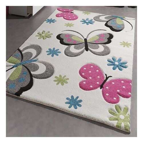 Tapis enfant 60x110 cm rectangulaire kids papillons crème chambre adapté au chauffage par le sol