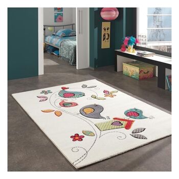 Tapis enfant 80x150 cm rectangulaire kids oiseaux crème chambre adapté au chauffage par le sol 1