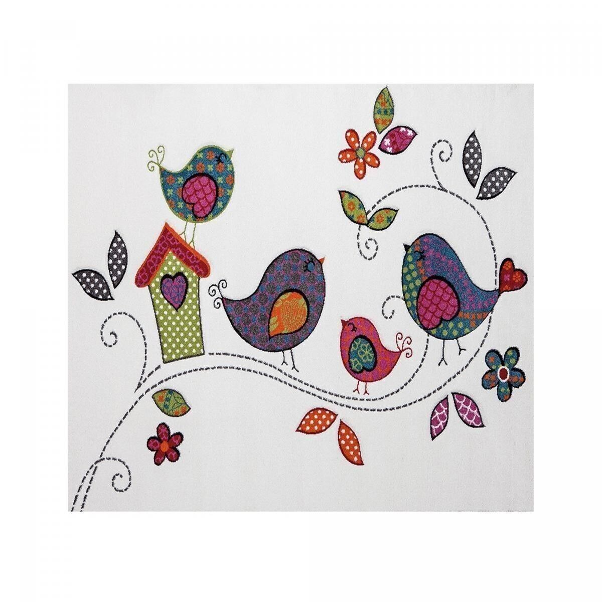 Children's rug 140x140 square cm square kids birds cream bedroom suitable for underfloor heating