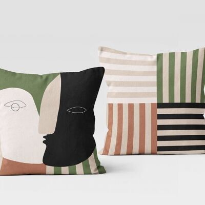 Face and stripes reversible velvet cushion
