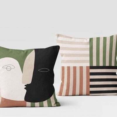 Face and stripes reversible velvet cushion