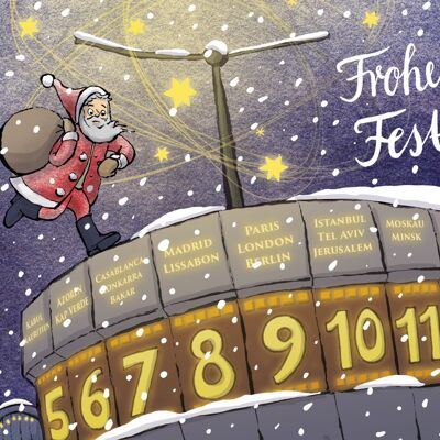 Carte de Noël Berlin Alexanderplatz horloge mondiale avec le Père Noël