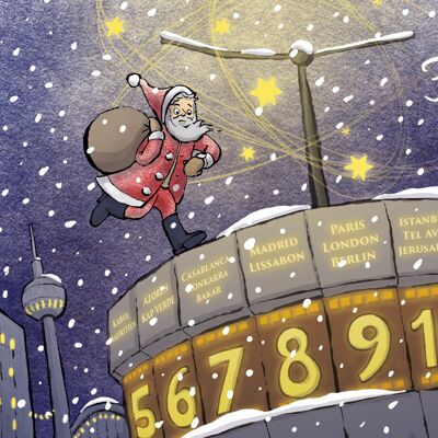 Tarjeta de Navidad Berlin Alexanderplatz reloj mundial con Santa Claus