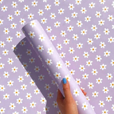 Papier d'emballage d'anniversaire marguerite lilas | Emballage cadeau plat des années 70