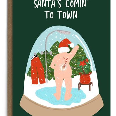 Babbo Natale sta arrivando in città | Cartolina di Natale divertente | Carta di vacanza
