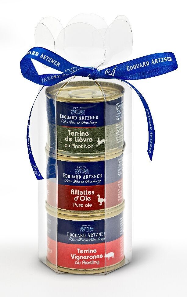 Set mit 3 feinen Pasteten: Hasenterrine mit Pinot Noir + Gänse-Rillettes + Vigneronne-Terrine mit Riesling