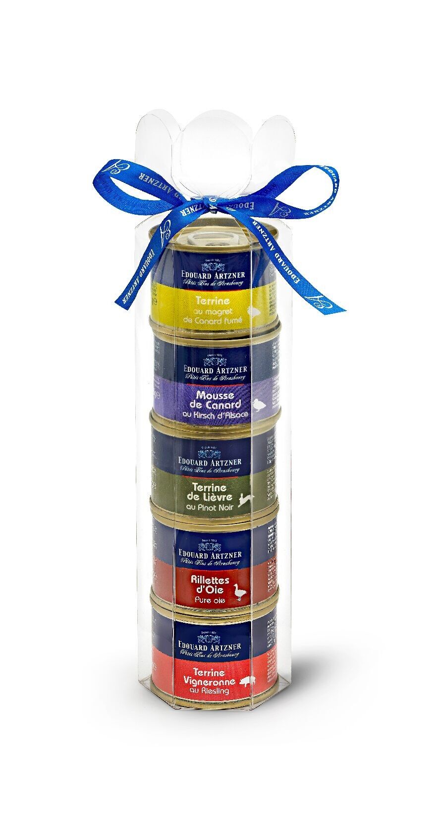 Set mit 5 feinen Pasteten: Vigneronne-Terrinen mit Riesling, Hasenterrine mit Pinot Noir, 100 % reine Gänse-Rillettes, Entenmousse mit Kirsch und Entenbrustterrine