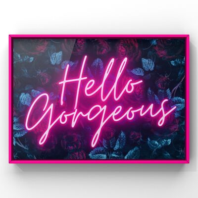 Hello Gorgeous Dark Floral Neon Quote Print | Tropical Poster Wall Art - A3 Print Only