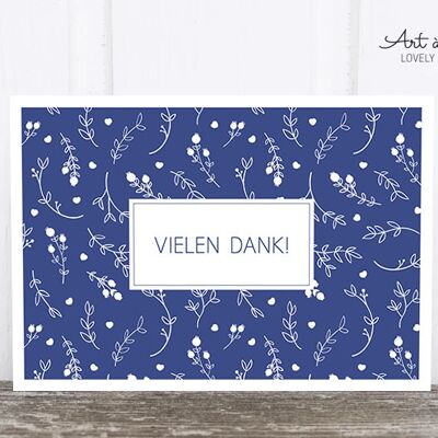 Carte postale: Merci, motif floral bleu