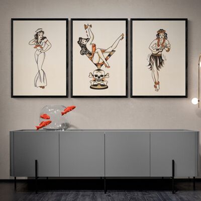 Pin Up Girls Trio Wall Prints | Gallery Wall Set - A4 Print Only Set