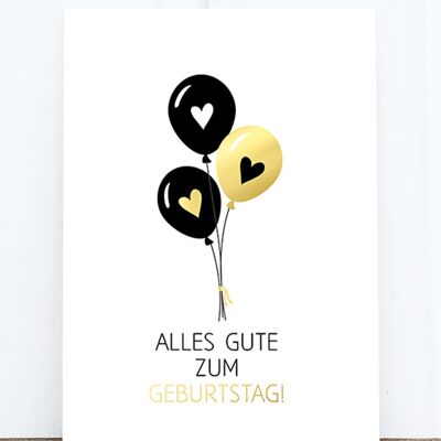 Postcard: gold balloons, birthday M HF