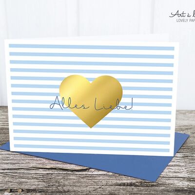 Folded card: gold heart, blue M.