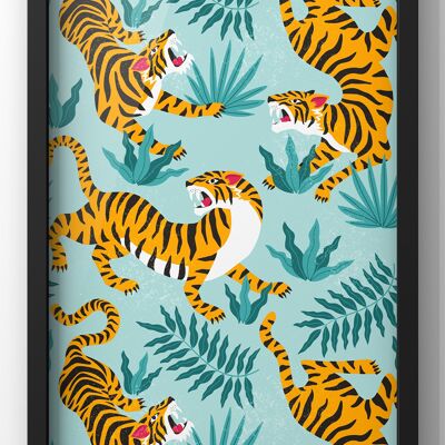 Tiger Pattern illustration Wall Art Print | Light Blue - 50X70CM PRINT ONLY