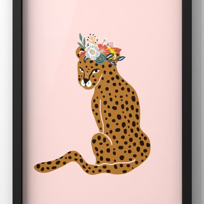 Boho Floral Cheetah Illustration Print | Floral Wall Art - A4 Print