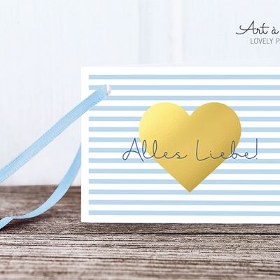 Gift tags: gold heart, blue M