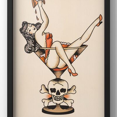 Pin Up Girl Glass Art Print | Sailor Jerrys Style Wall Art - A4 Print