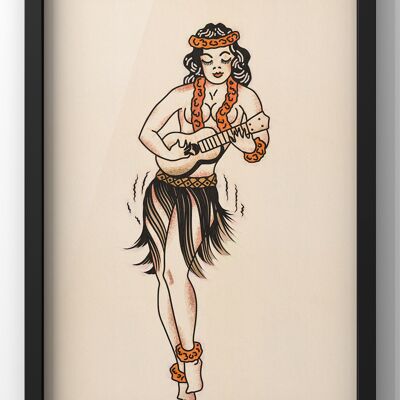 Guitar Playing Pin Up Girl Print | Sailor Jerrys Style Wall Art - A3 Print