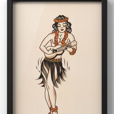 Guitar Playing Pin Up Girl Print | Sailor Jerrys Style Wall Art - 40X50CM PRINT ONLY