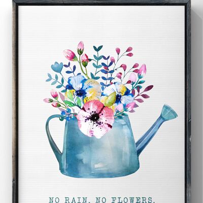 No Rain, No Flowers Kitchen Quote Print | Floral Watering Can Wall Art - 40X50CM PRINT ONLY