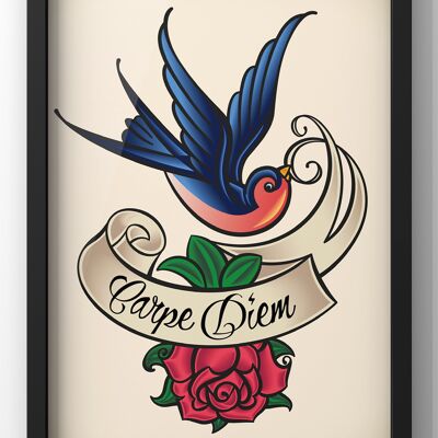 Carpe Diem Tattoo Art Print | Vintage Bird & Rose Wall Art - A2 Print Only