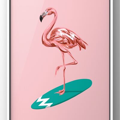 Cool Pop Art Flamingo Print | Surfing Flamingo Wall Art - A2 Print
