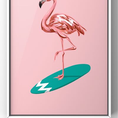 Cool Pop Art Flamingo Print | Surfing Flamingo Wall Art - 40X50CM PRINT ONLY