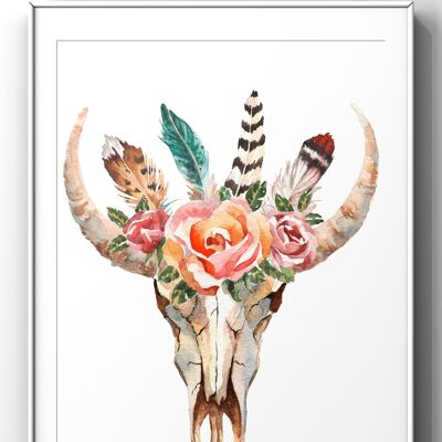 Floral Animal Skull Watercolour Wall Art Print - A3 Print Only